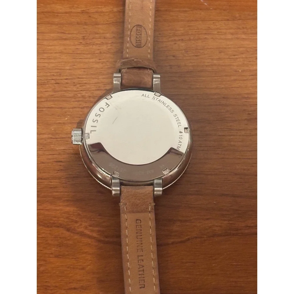 Fossil AM-4391 Women Watch Stainless Steel Tan Leather Band Date Window 10 ATM